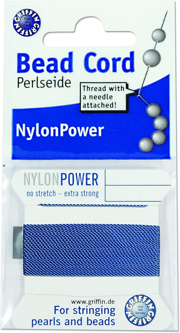 Griffin Nylon Bead Cord Perlseide – Size 12 (0.98mm) – 2 Meters per Card – Stainless Steel Needle Attached – for Knotting Pearls, Gemstones, Crystals and Beads